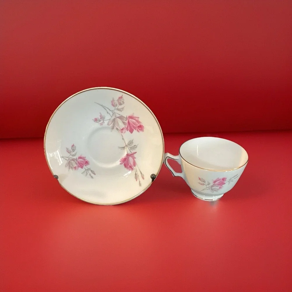 Vintage‎ Crown Staffordshire England Cup, Saucer and Dessert Plate Cabbage Rose
